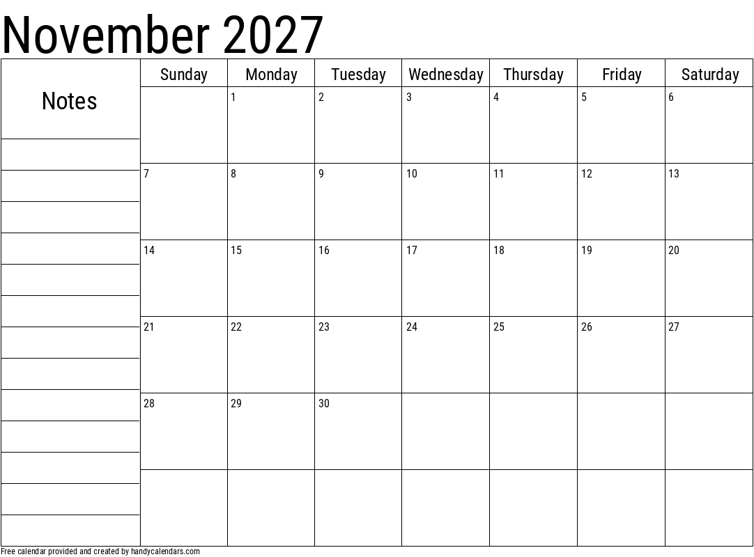 November 2027 Vertical Calendar With Notes And Holidays Handy Calendars
