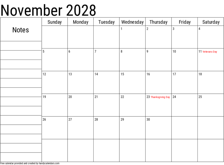 November 2028 Calendar With Notes And Holidays Handy Calendars