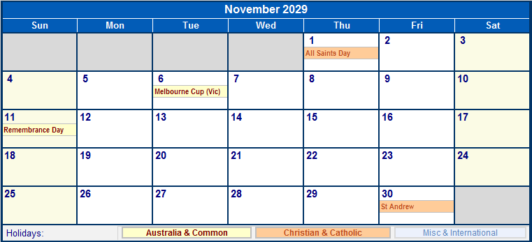 November 2029 Australia Calendar With Holidays For Printing image Format 