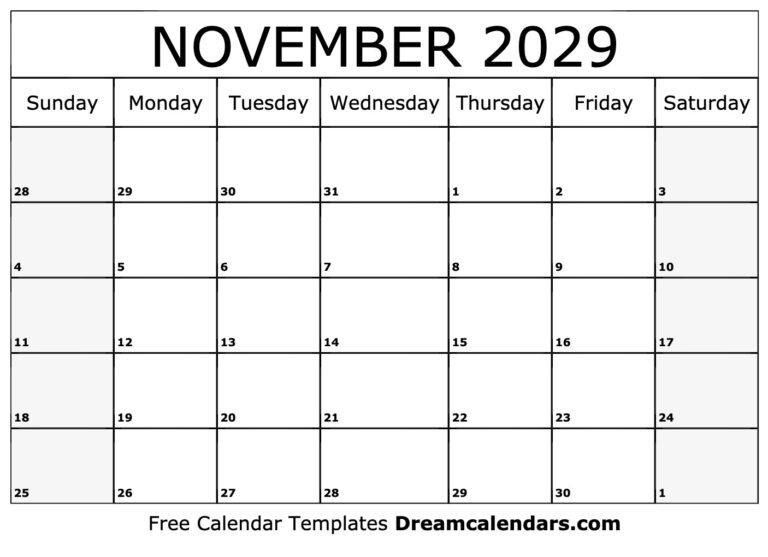 November 2029 Calendar Free Printable With Holidays And Observances