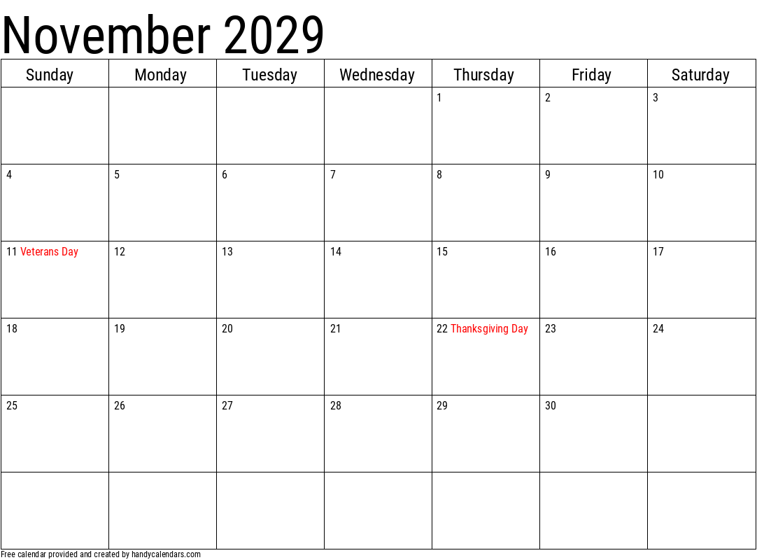 November 2029 Calendar With Notes And Holidays Handy Calendars