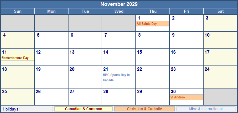 November 2029 Canada Calendar With Holidays For Printing image Format 
