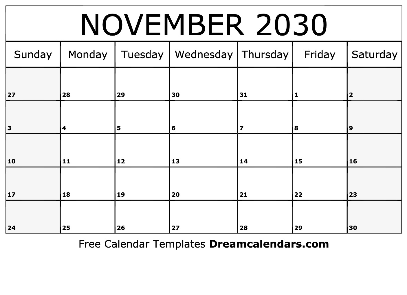 November 2030 Calendar Free Printable With Holidays And Observances