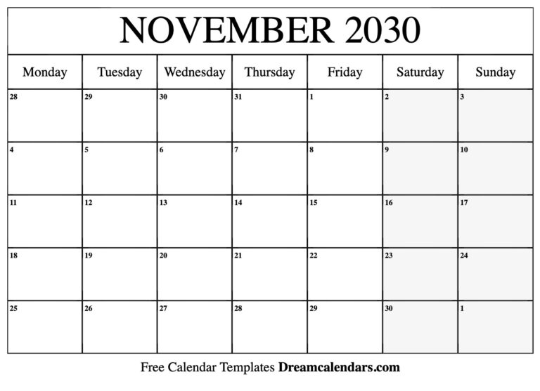 November 2030 Calendar Free Printable With Holidays And Observances