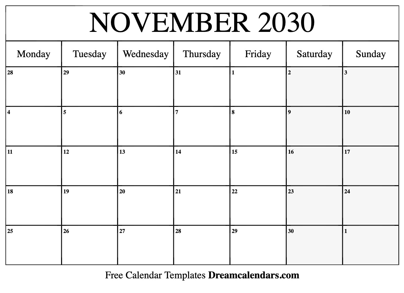 November 2030 Calendar Free Printable With Holidays And Observances