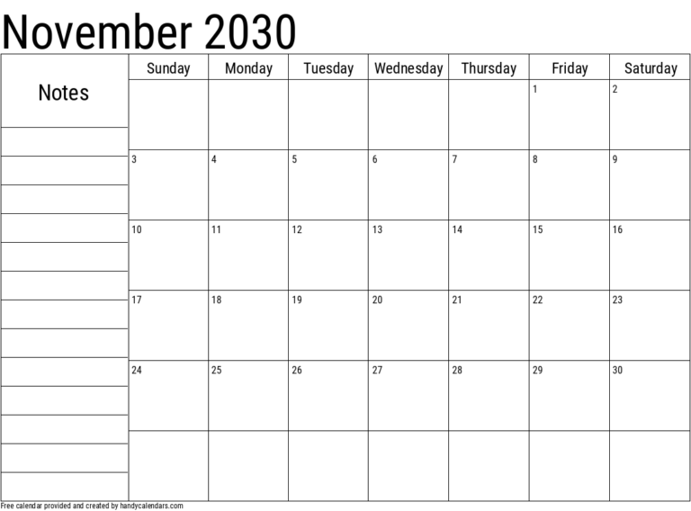 November 2030 Calendar Handy Calendars