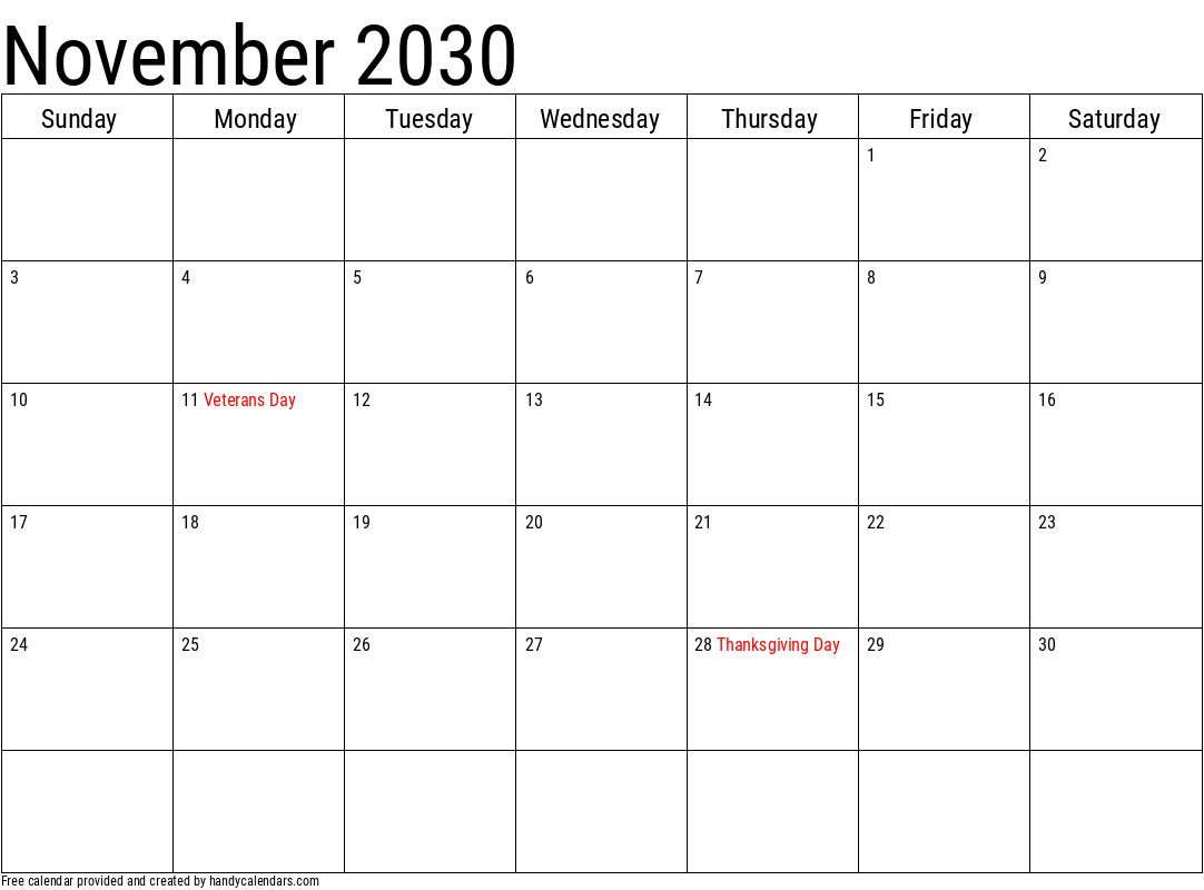 November 2030 Calendar With Holidays Handy Calendars