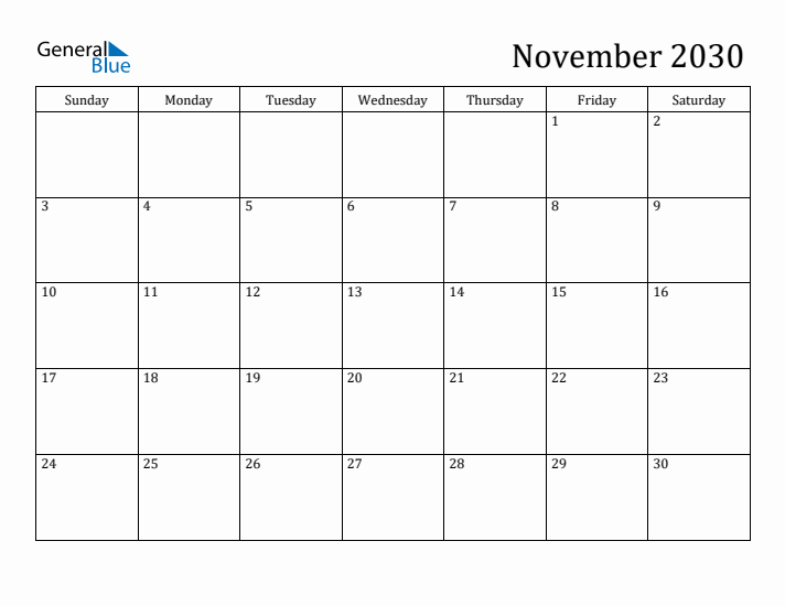 November 2030 Monthly Calendar