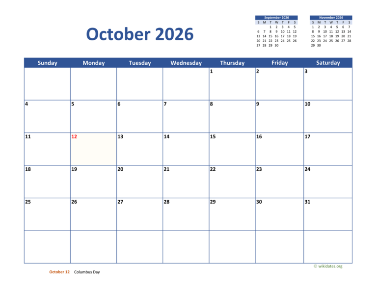 October 2026 Calendar Classic WikiDates