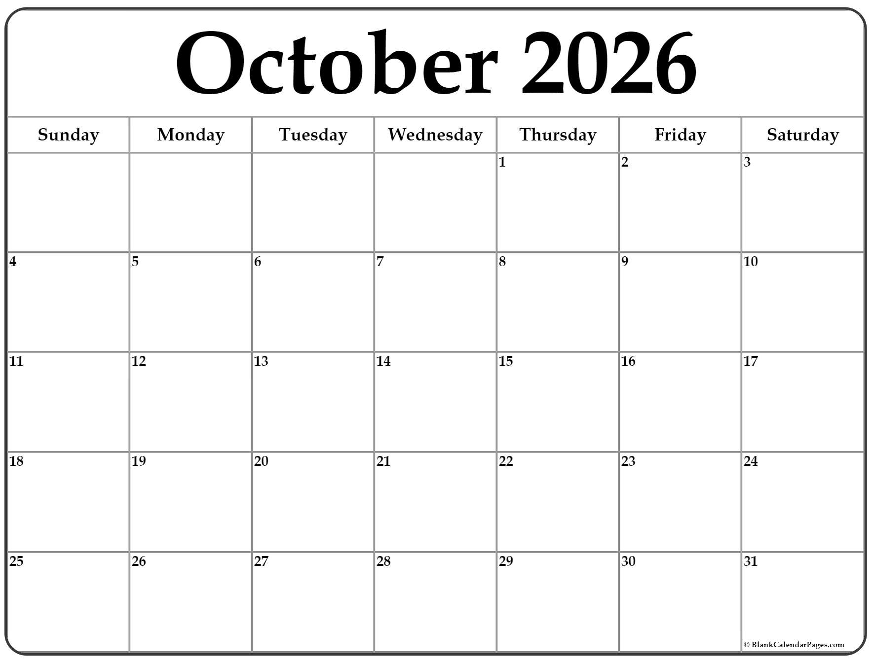 October 2026 Calendar Free Printable Calendars