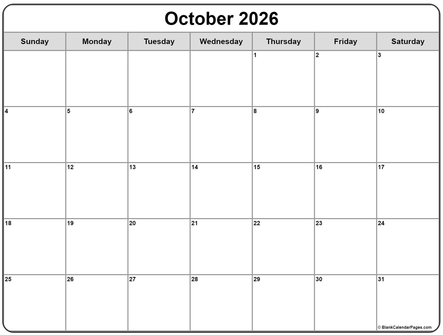 October 2026 Calendar Free Printable Calendars