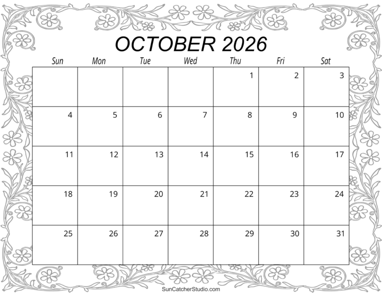 October 2026 Calendar Free Printable DIY Projects Patterns 