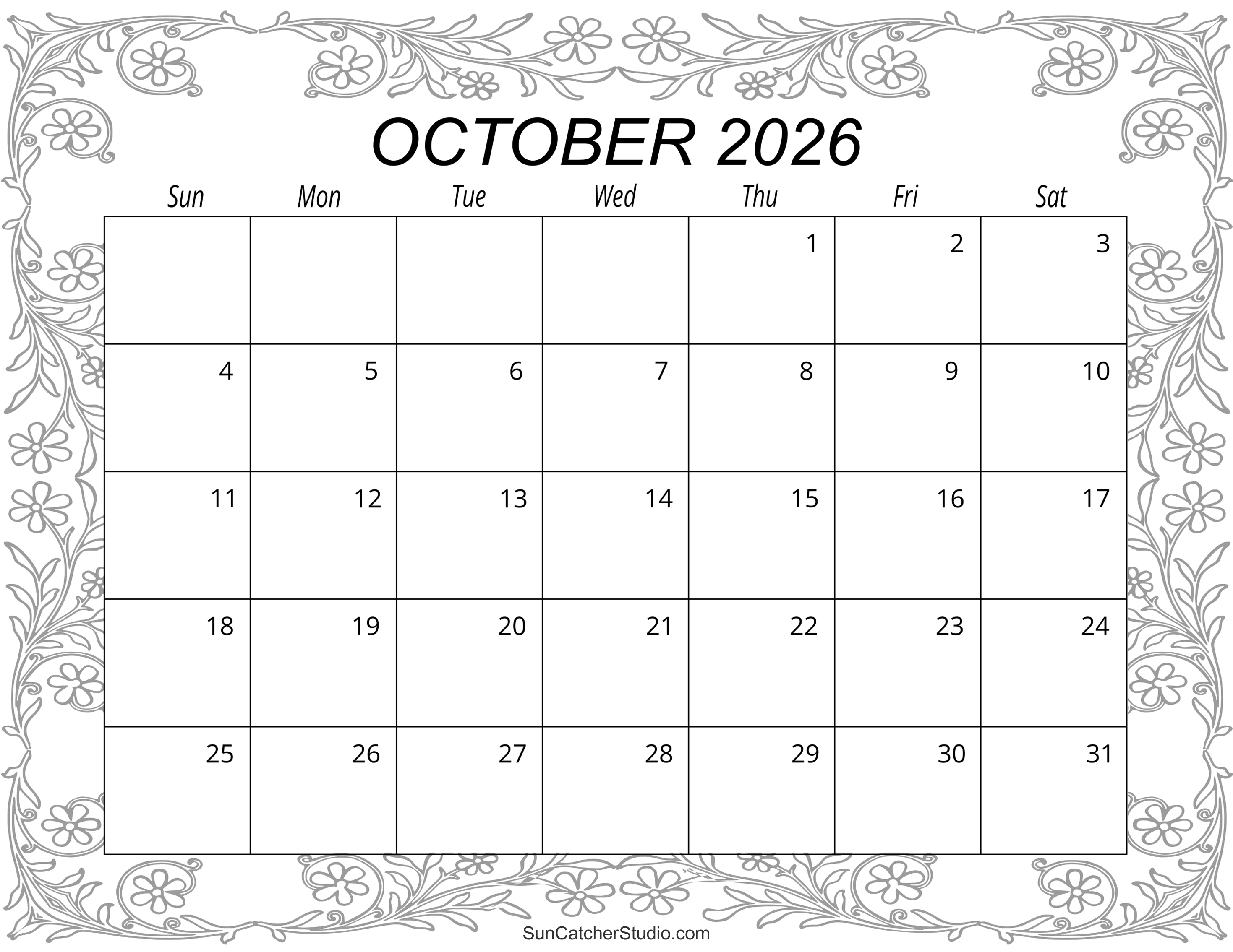 October 2026 Calendar Free Printable DIY Projects Patterns 