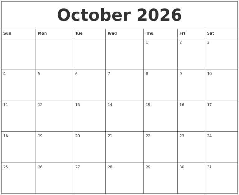 October 2026 Free Calendar Printable