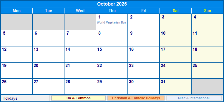 October 2026 UK Calendar With Holidays For Printing image Format 