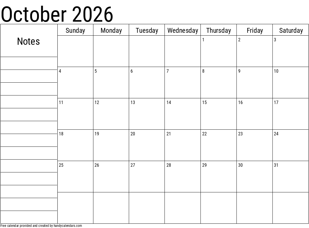 October 2026 Vertical Calendar Handy Calendars
