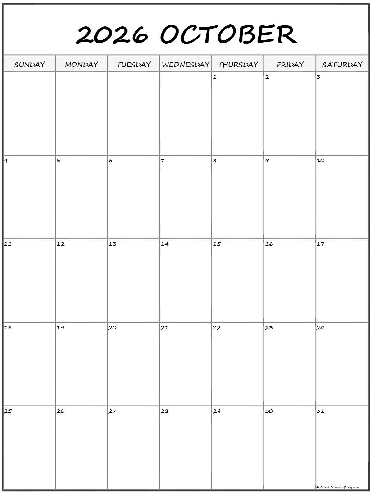 October 2026 Vertical Calendar Portrait