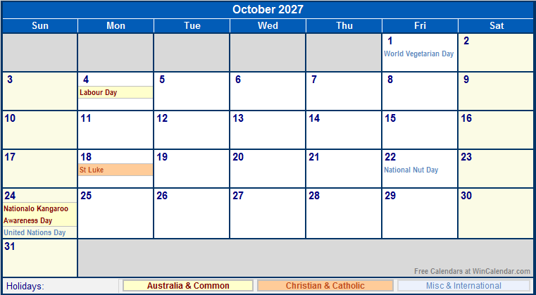October 2027 Australia Calendar With Holidays For Printing image Format