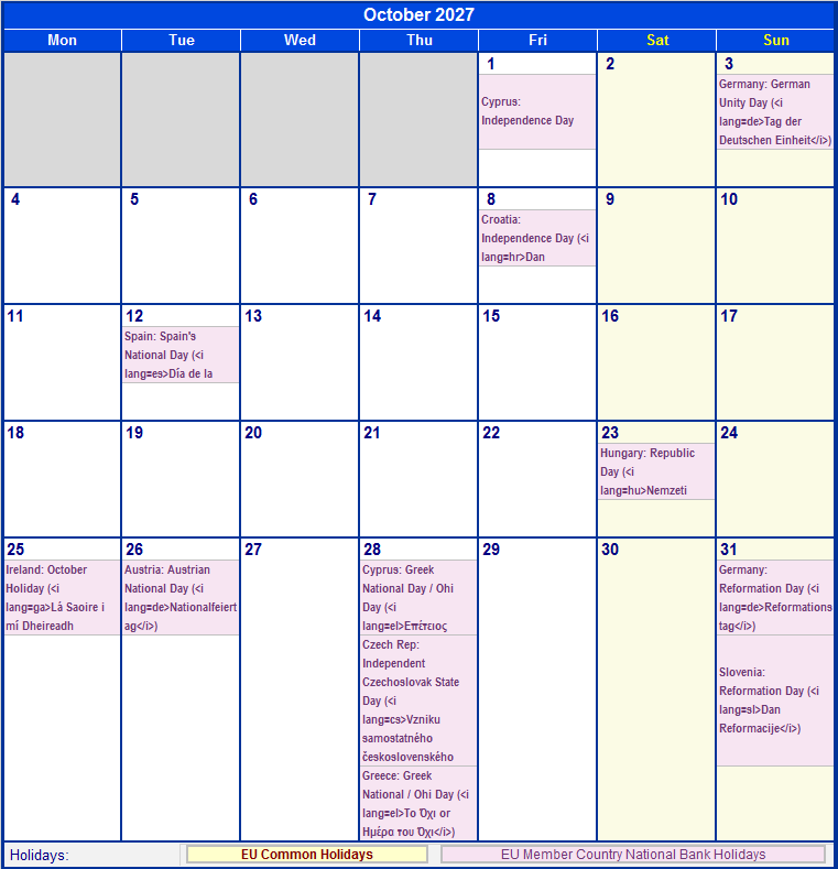 October 2027 EU Calendar With Holidays For Printing image Format 