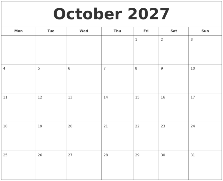October 2027 Printable Calendar
