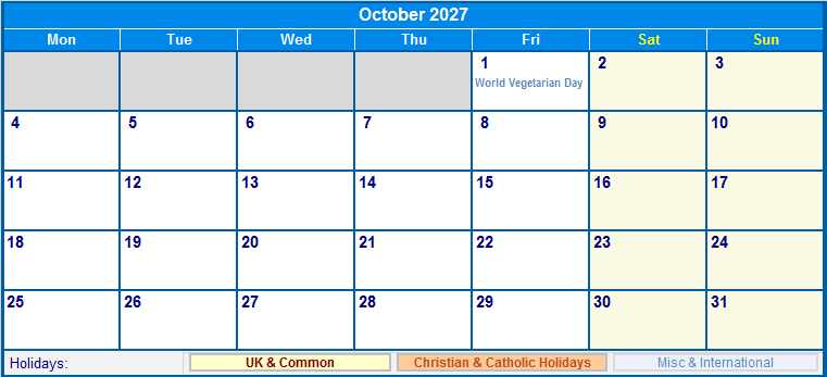 October 2027 UK Calendar With Holidays For Printing image Format 