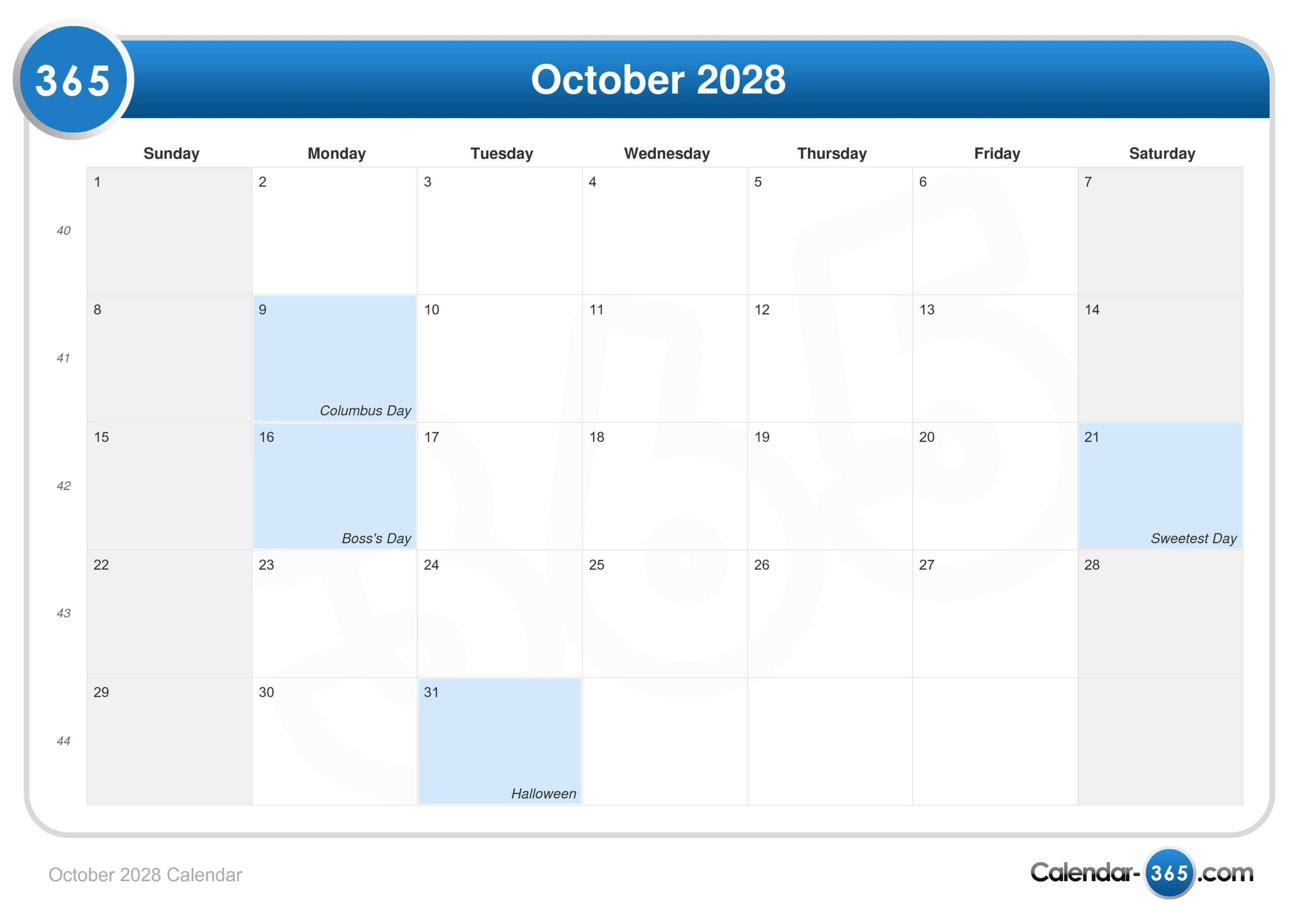 October 2028 Calendar