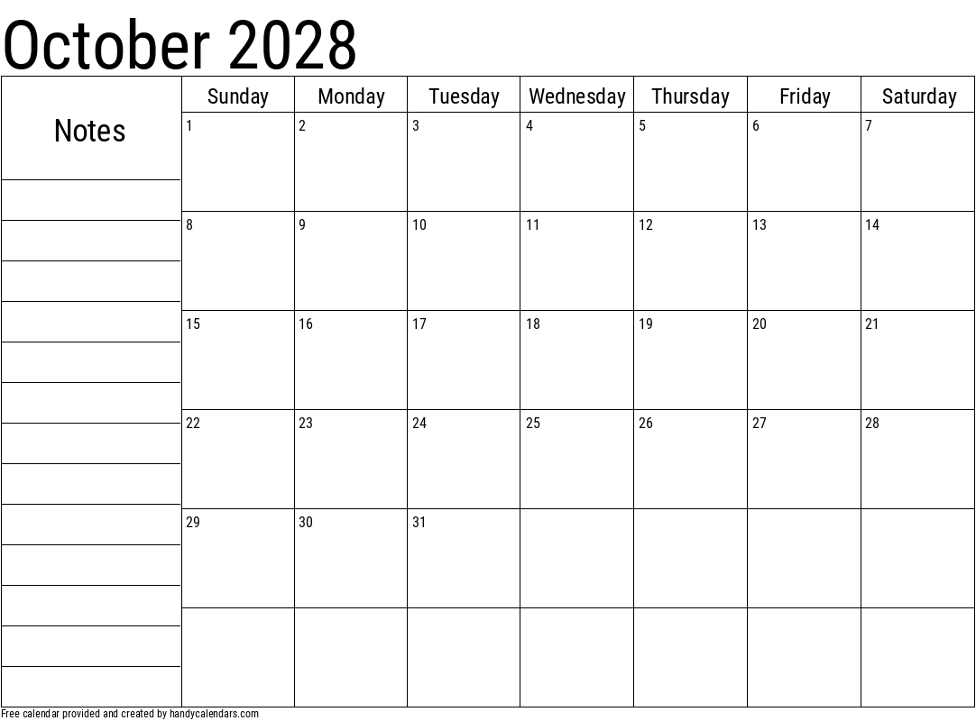 October 2028 Calendar With Notes Handy Calendars