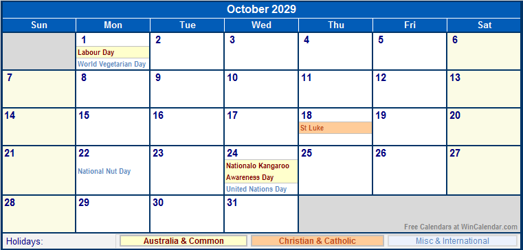 October 2029 Australia Calendar With Holidays For Printing image Format