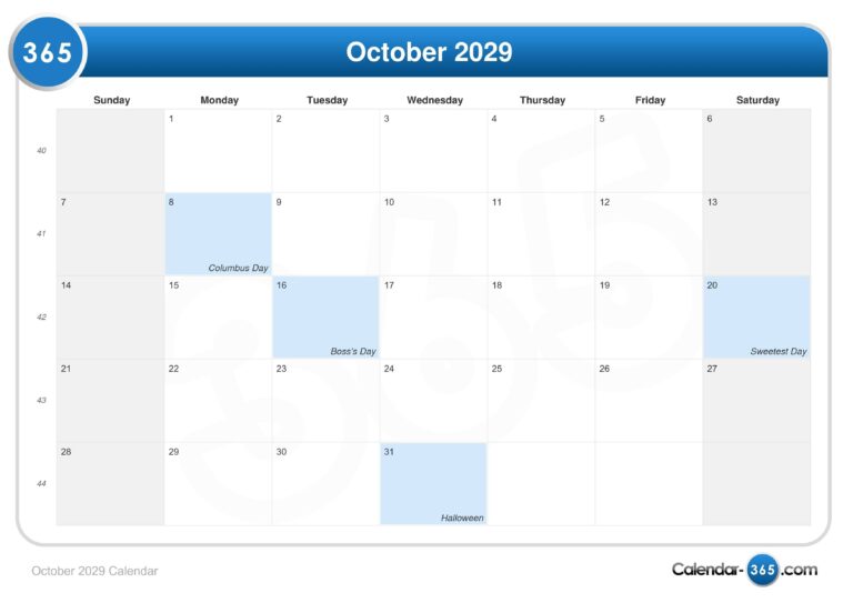 October 2029 Calendar