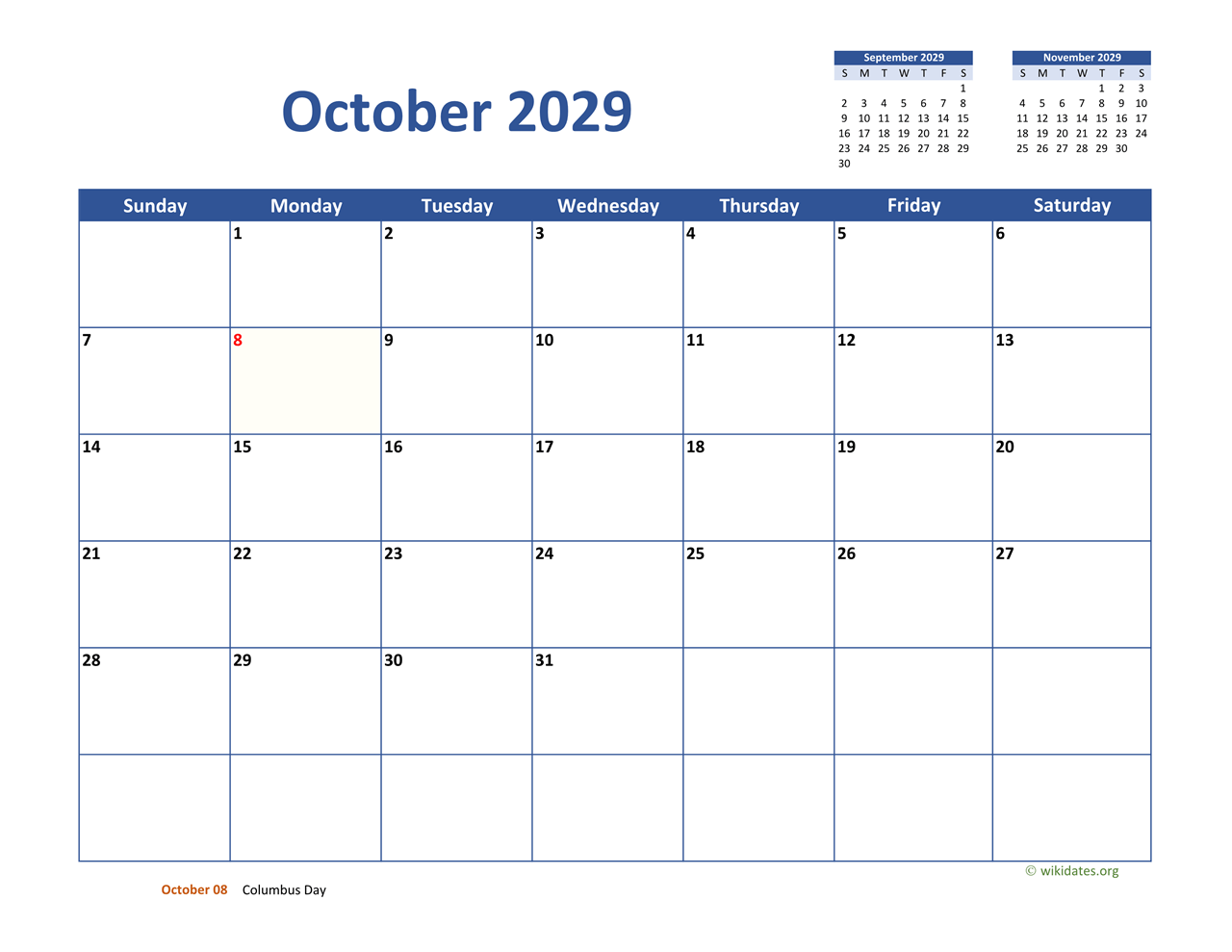 October 2029 Calendar Classic WikiDates
