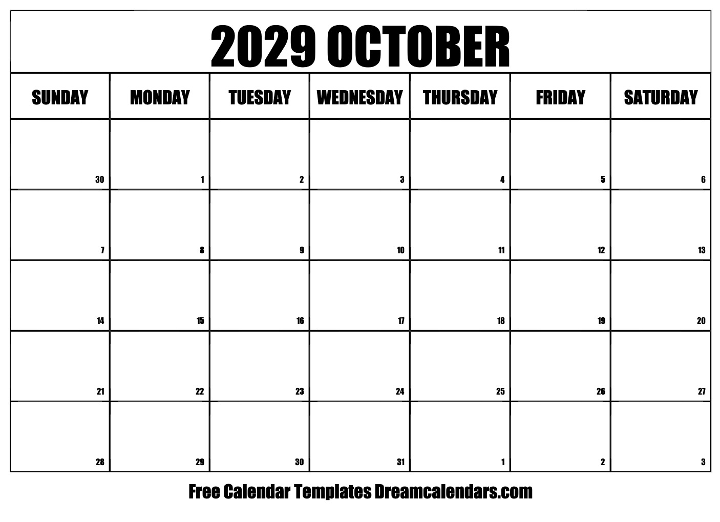 October 2029 Calendar Free Printable With Holidays And Observances