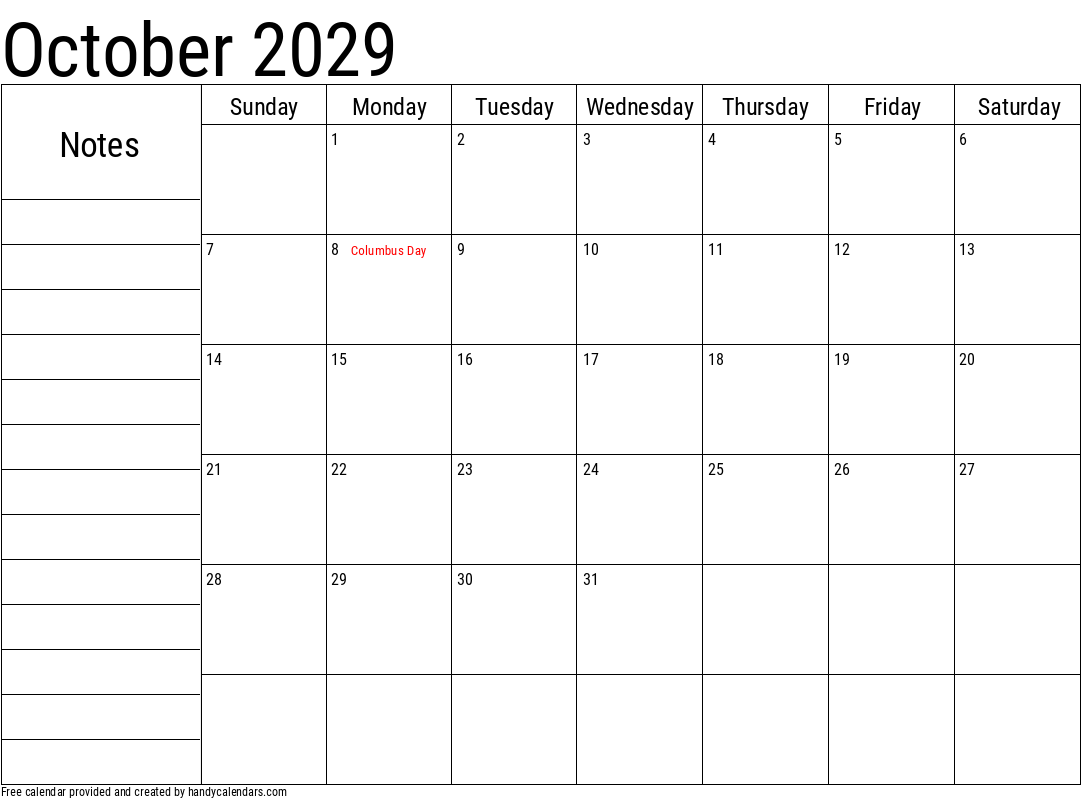 October 2029 Calendar With Notes And Holidays Handy Calendars
