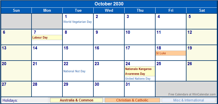 October 2030 Australia Calendar With Holidays For Printing image Format 