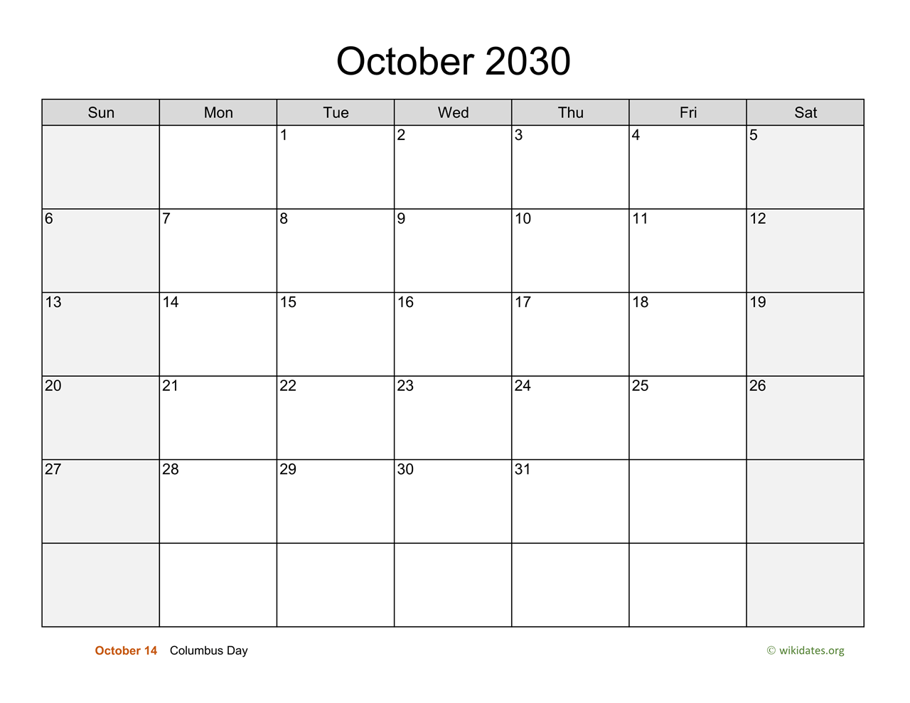 October 2030 Calendar With Weekend Shaded WikiDates