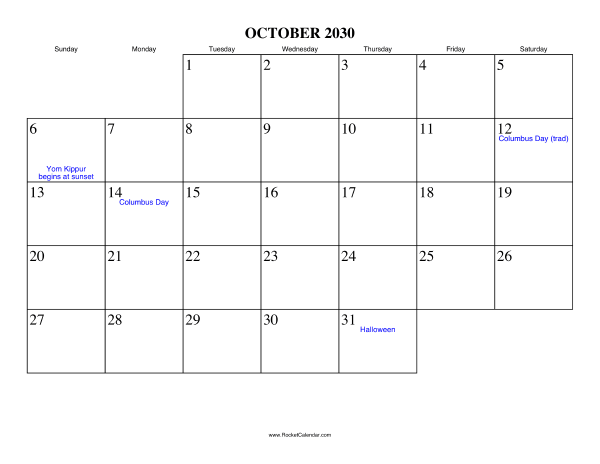 October 2030 Calendar