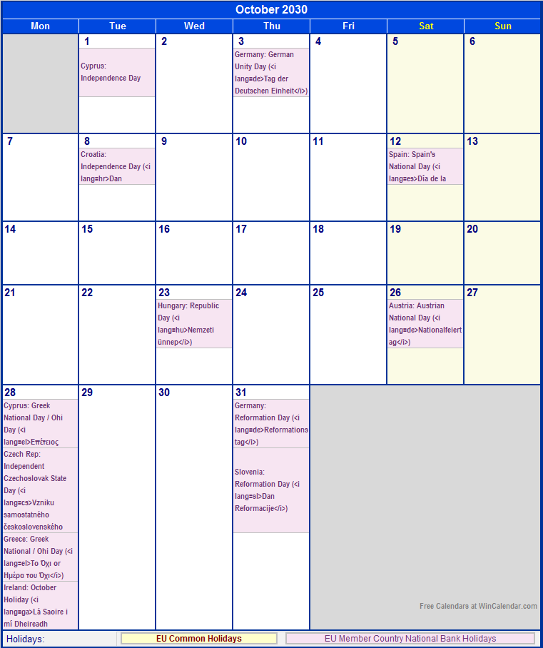 October 2030 EU Calendar With Holidays For Printing image Format 
