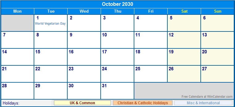 October 2030 UK Calendar With Holidays For Printing image Format 