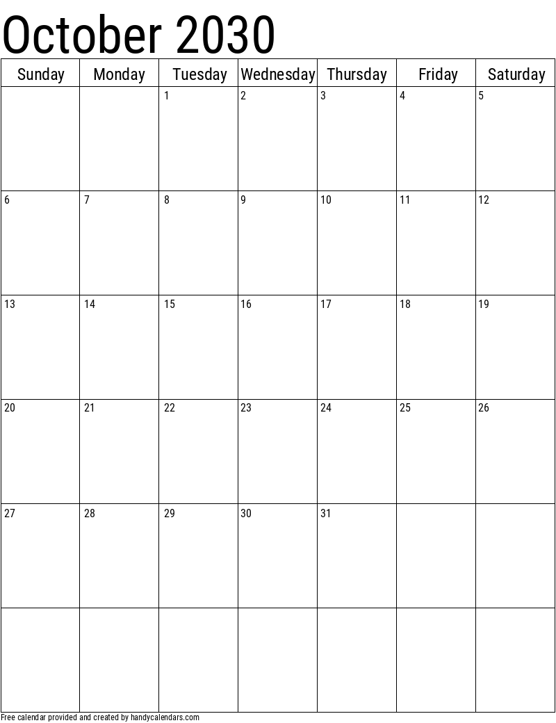 October 2030 Vertical Calendar Handy Calendars