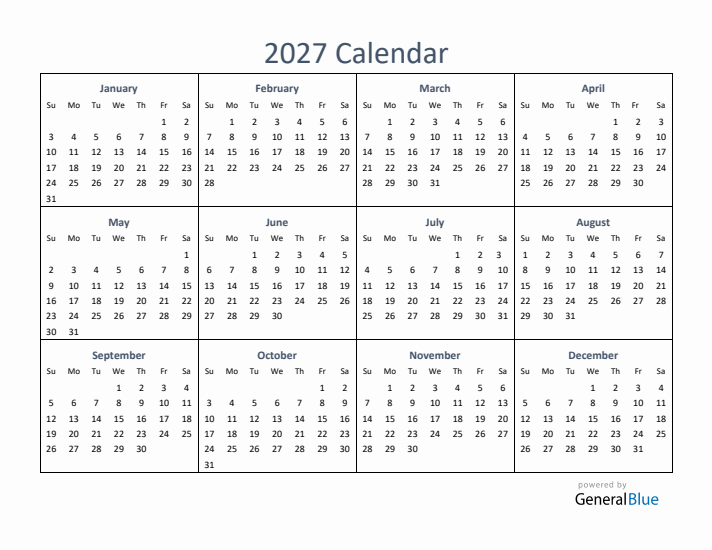 One Page Yearly Calendar 2027 PDF Excel Word 