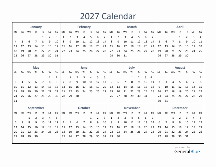 One Page Yearly Calendar 2027 PDF Excel Word 