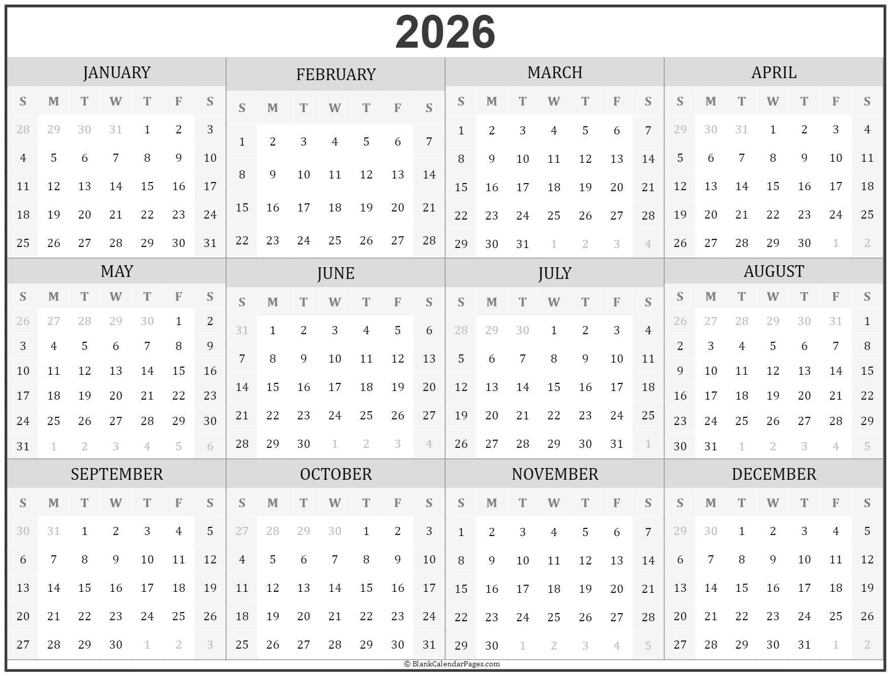 Printable 2025 2026 Blank Calendarss List Of Calendar Chart 2025