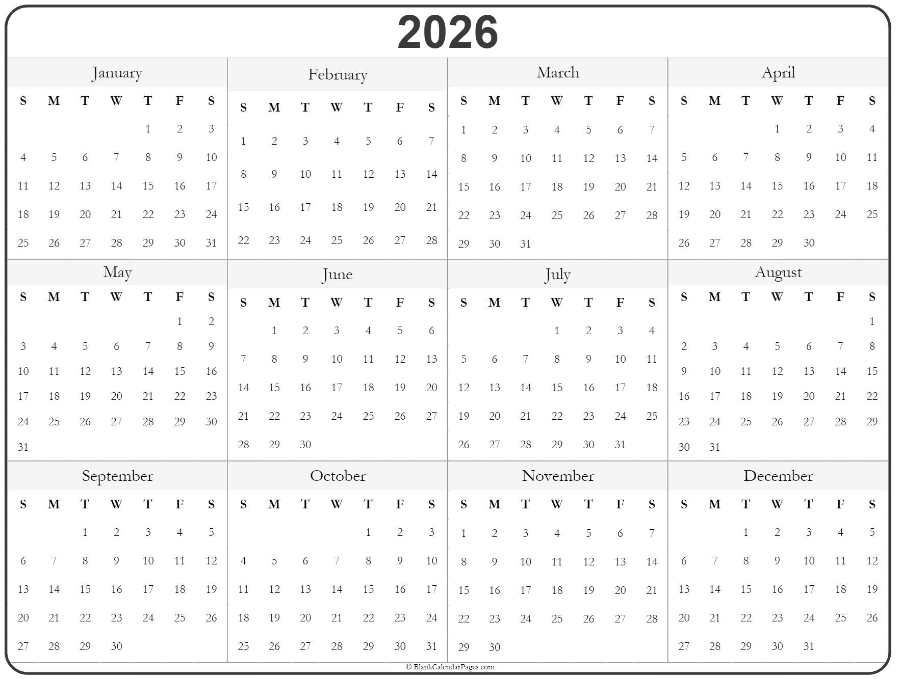 Printable 2026 Calendar
