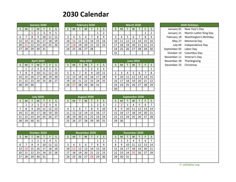 Printable 2030 Calendar With Federal Holidays WikiDates