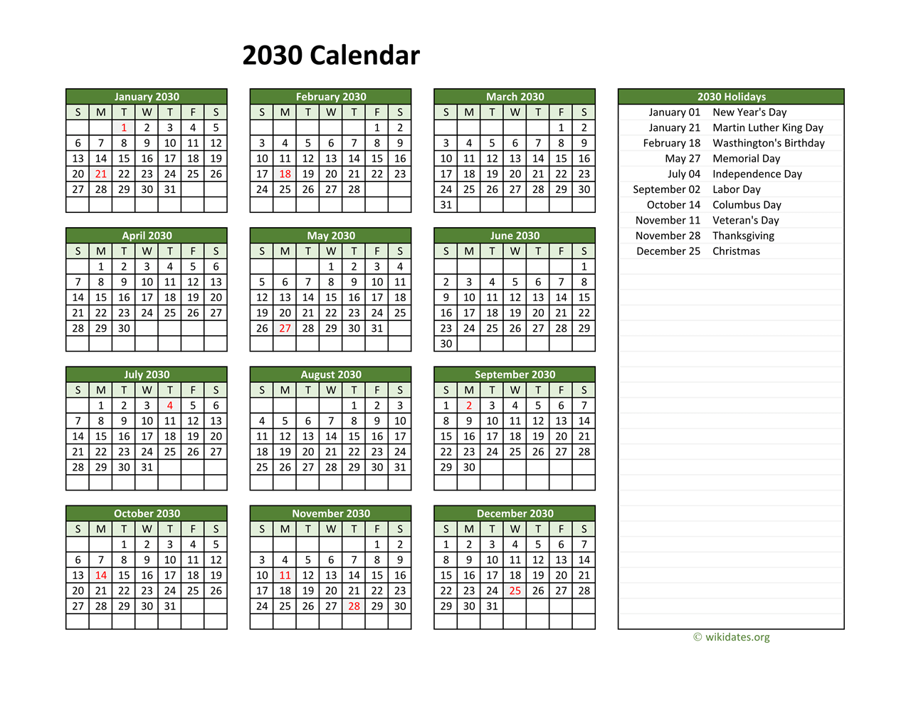 Printable 2030 Calendar With Federal Holidays WikiDates