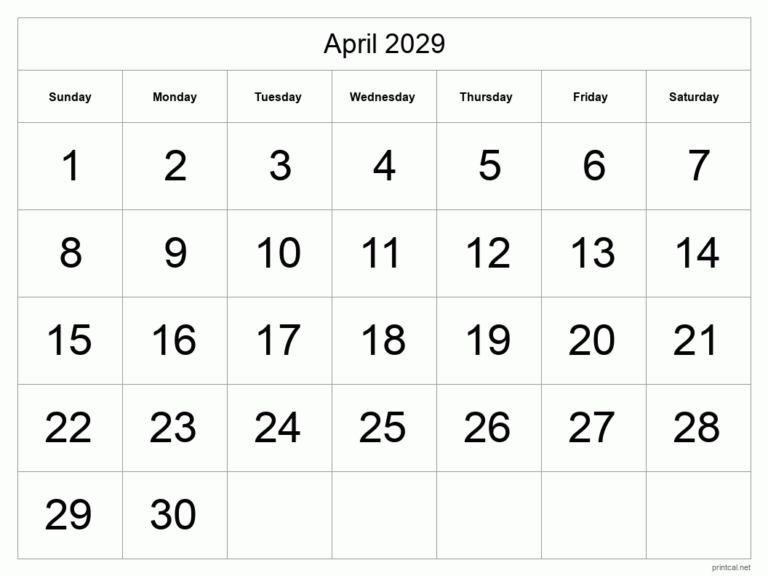 Printable April 2029 Calendar Free Printable Calendars