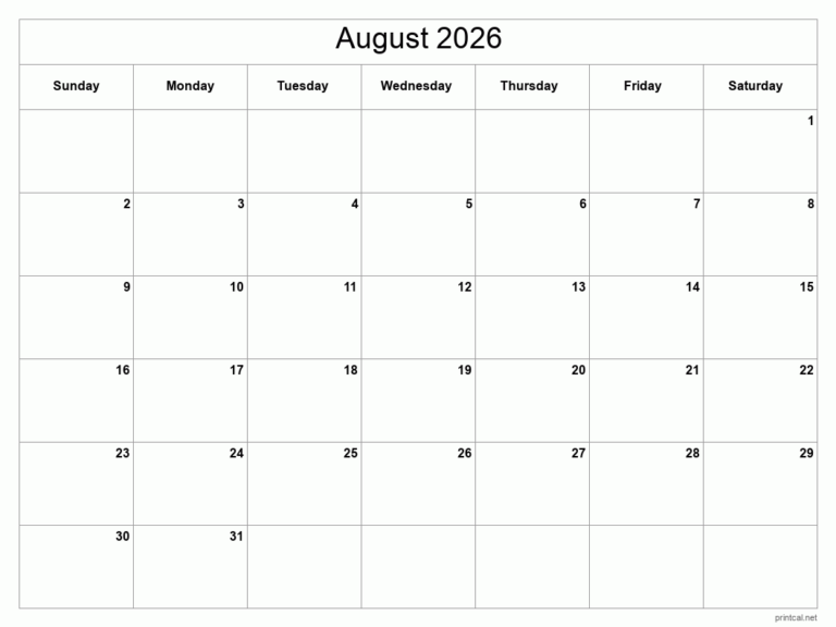 Printable August 2026 Calendar Classic Blank Sheet