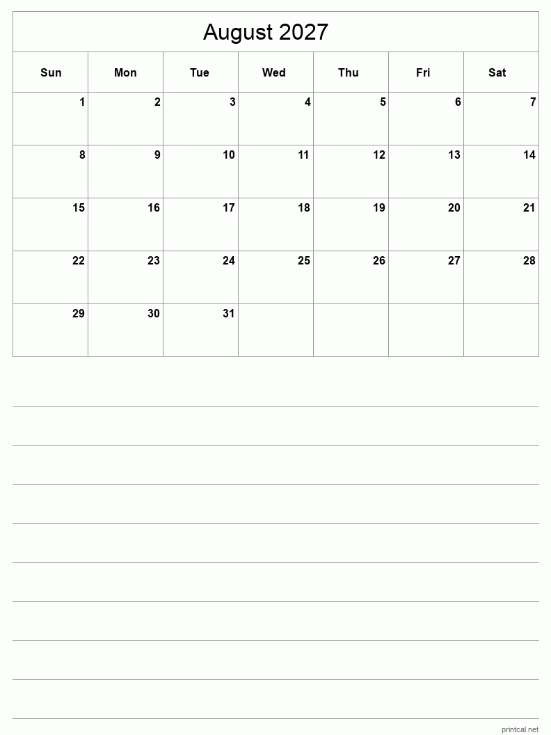 Printable August 2027 Calendar Free Printable Calendars
