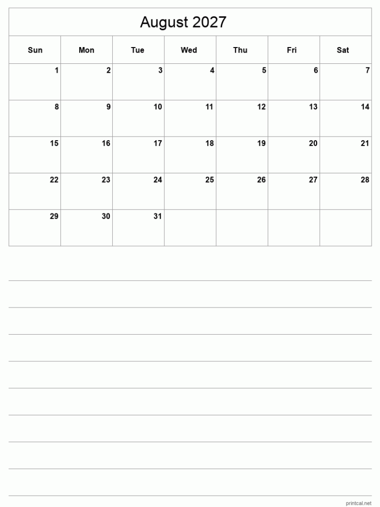 Printable August 2027 Calendar Free Printable Calendars