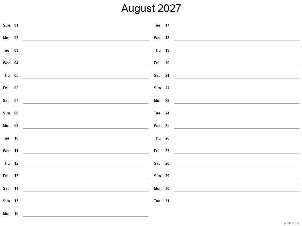Printable August 2027 Calendar Two Column Notesheet