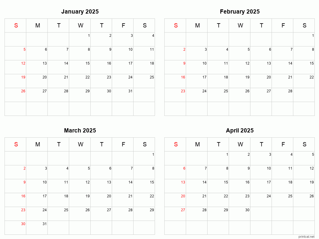 Printable Calendar 2025 4 Months Per Page Behnam Finn